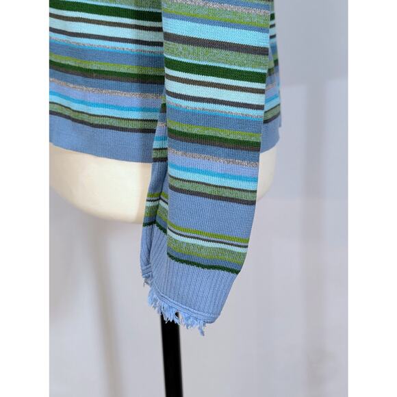 Ingrid Olsen Striped Knit Turtleneck Sweater Large Blue Green Ribbed Fringe Trim - Picture 6 of 9